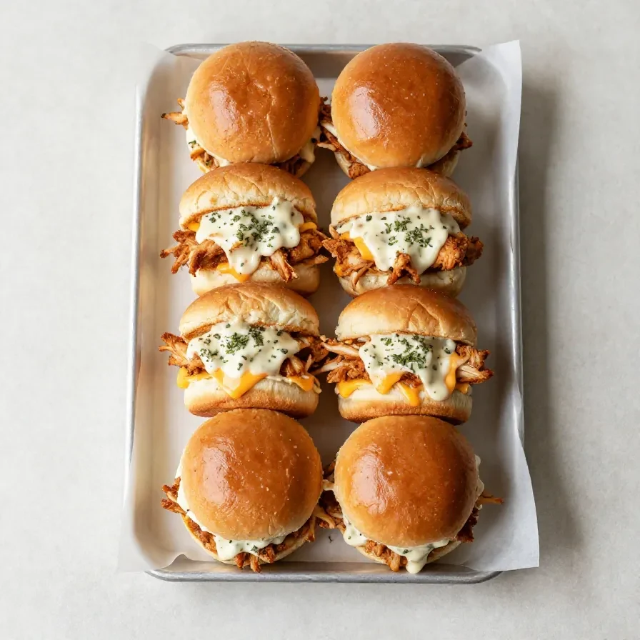 Buffalo chicken sliders served on toasted buns with melted cheese and a side of celery and ranch dressing