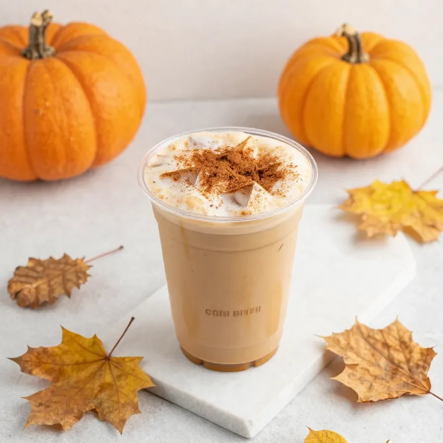 A tall glass of iced pumpkin cream chai tea latte topped with a creamy pumpkin foam and sprinkled with cinnamon