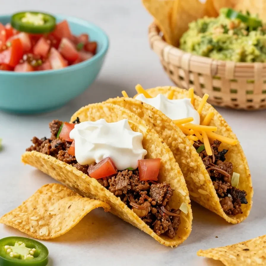 Walking tacos served in individual chip bags topped with seasoned ground beef, shredded cheese, lettuce, diced tomatoes, and sour cream.