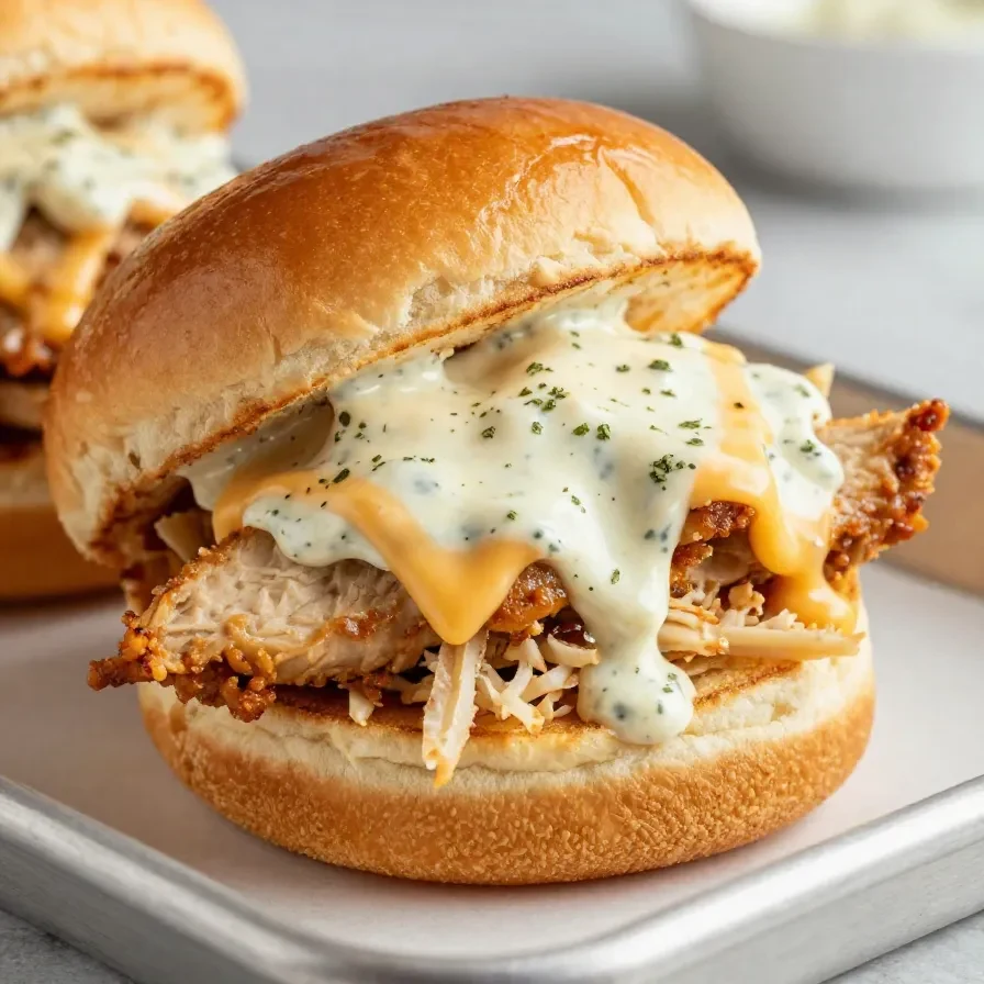 Buffalo chicken sliders served on toasted buns with melted cheese and a side of celery and ranch dressing