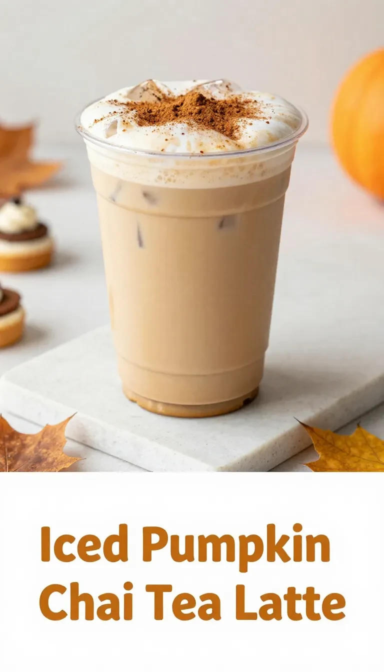 A tall glass of iced pumpkin cream chai tea latte topped with a creamy pumpkin foam and sprinkled with cinnamon