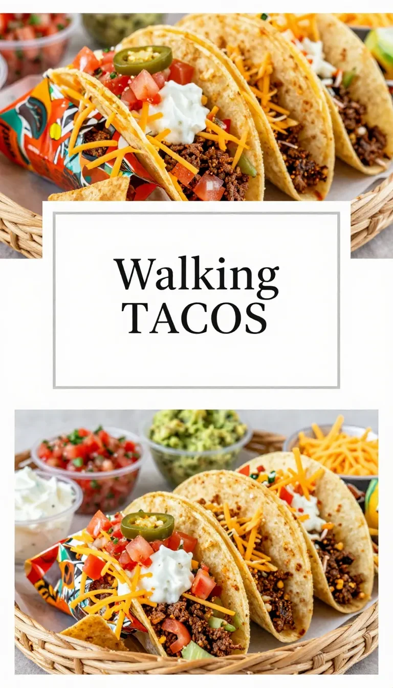 Walking tacos served in individual chip bags topped with seasoned ground beef, shredded cheese, lettuce, diced tomatoes, and sour cream.