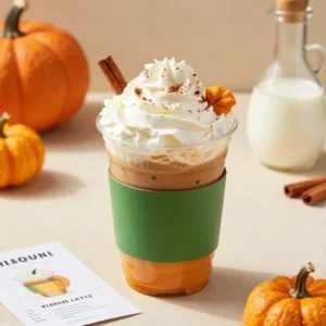 A homemade pumpkin spice latte in a clear mug topped with whipped cream and cinnamon beside pumpkins and autumn spices
