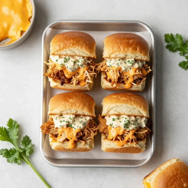 Buffalo chicken sliders stacked on soft buns with melted cheese and a side of ranch dressing.
