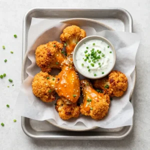 Crispy buffalo cauliflower wings served on a plate with celery sticks and dipping sauce