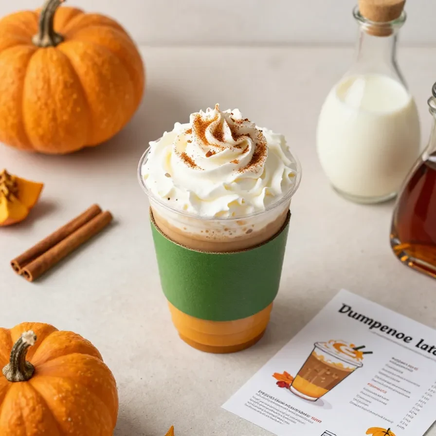 A homemade pumpkin spice latte in a clear mug topped with whipped cream and cinnamon beside pumpkins and autumn spices