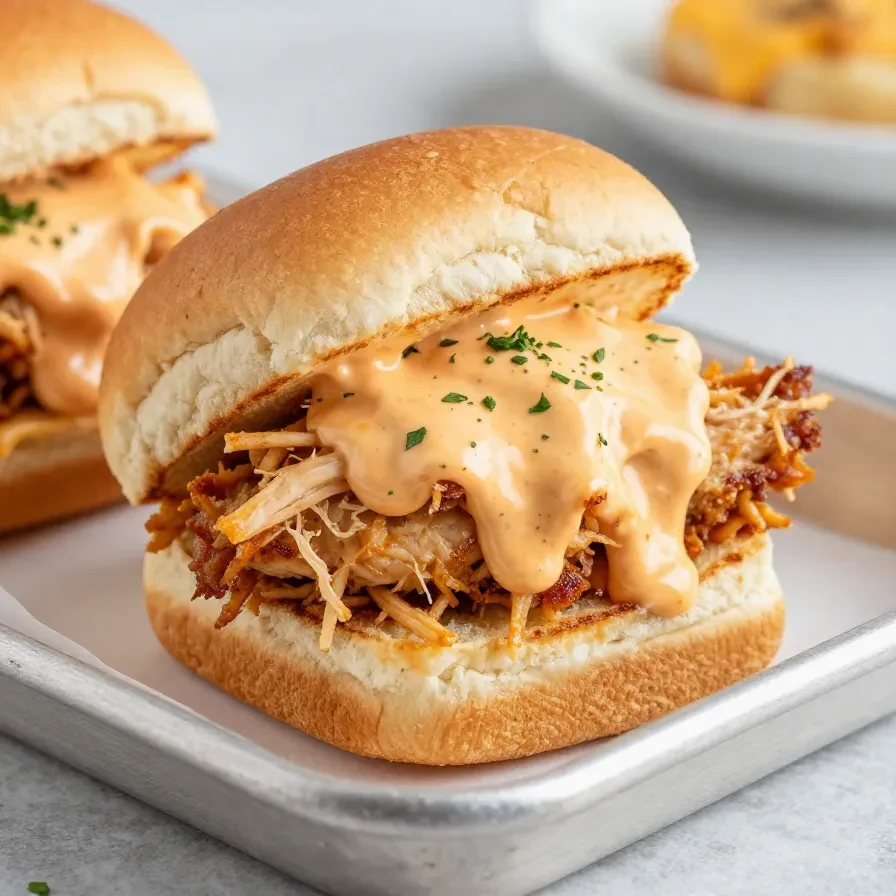 Buffalo chicken sliders stacked on soft buns with melted cheese and a side of ranch dressing.