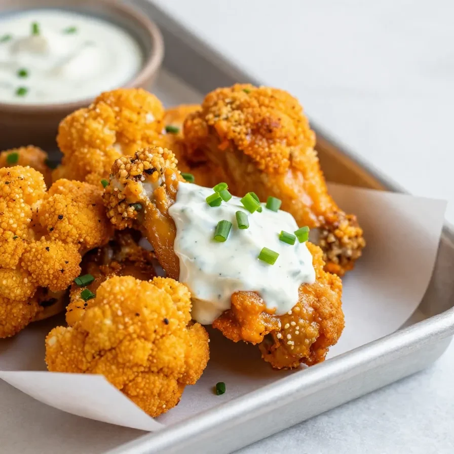 Crispy buffalo cauliflower wings served on a plate with celery sticks and dipping sauce
