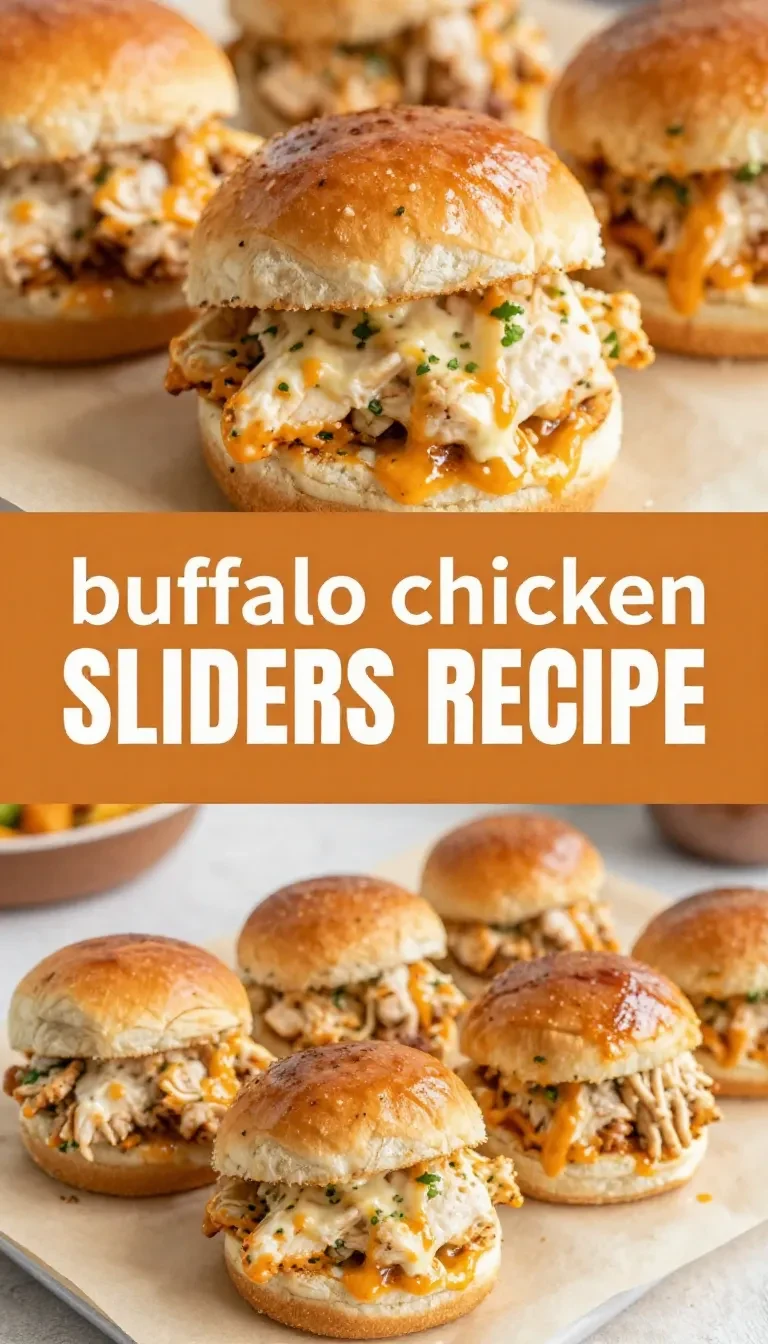 Buffalo chicken sliders stacked on soft buns with melted cheese and a side of ranch dressing.