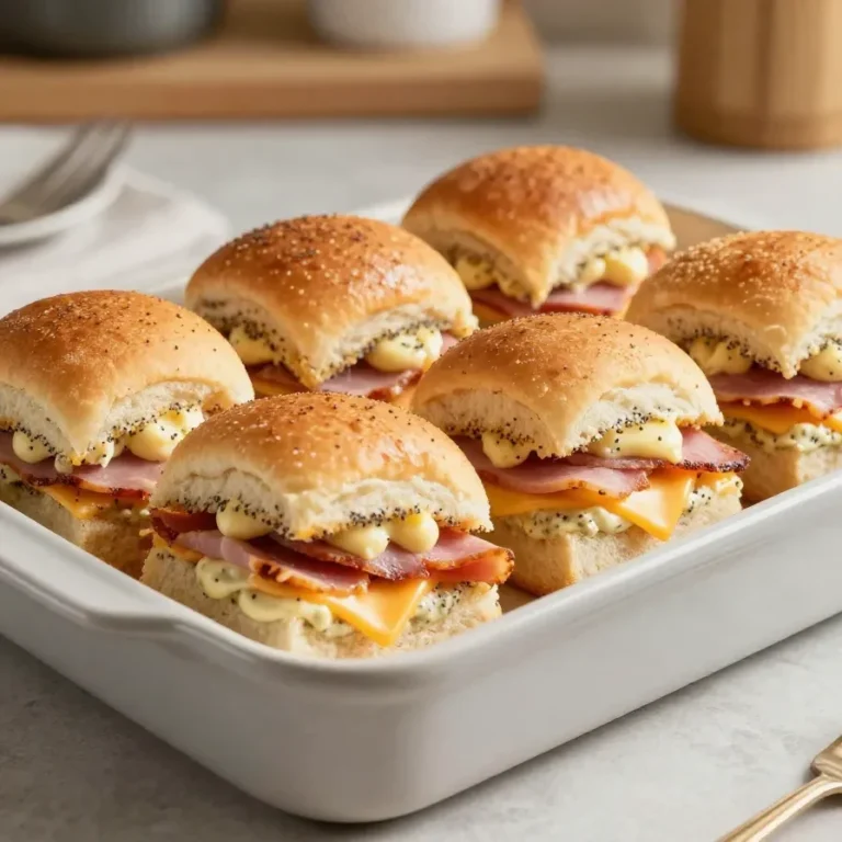 Warm ham and cheese sliders baked on a tray with melted cheese and soft golden rolls.