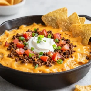 A baked Texas Trash Dip served in a skillet with melted cheese, beans, sour cream, and colorful toppings, surrounded by tortilla chips.