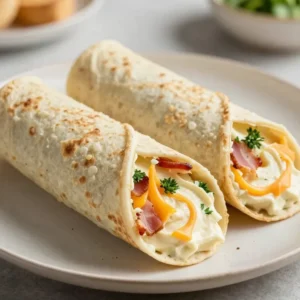 Bacon ranch pinwheels arranged on a serving platter with creamy filling and sliced tortillas.