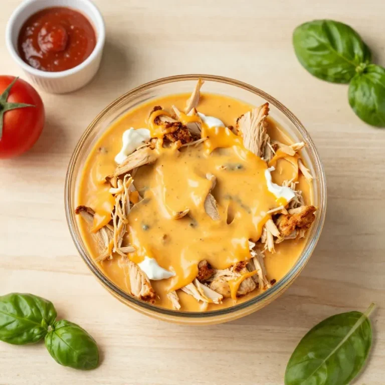 Creamy buffalo chicken dip served in a bowl with celery sticks and tortilla chips on the side