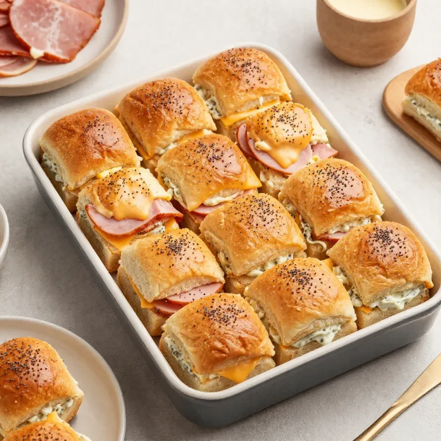 Warm ham and cheese sliders baked on a tray with melted cheese and soft golden rolls.