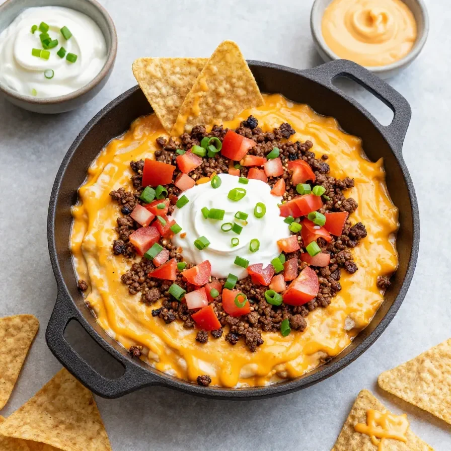 A baked Texas Trash Dip served in a skillet with melted cheese, beans, sour cream, and colorful toppings, surrounded by tortilla chips.