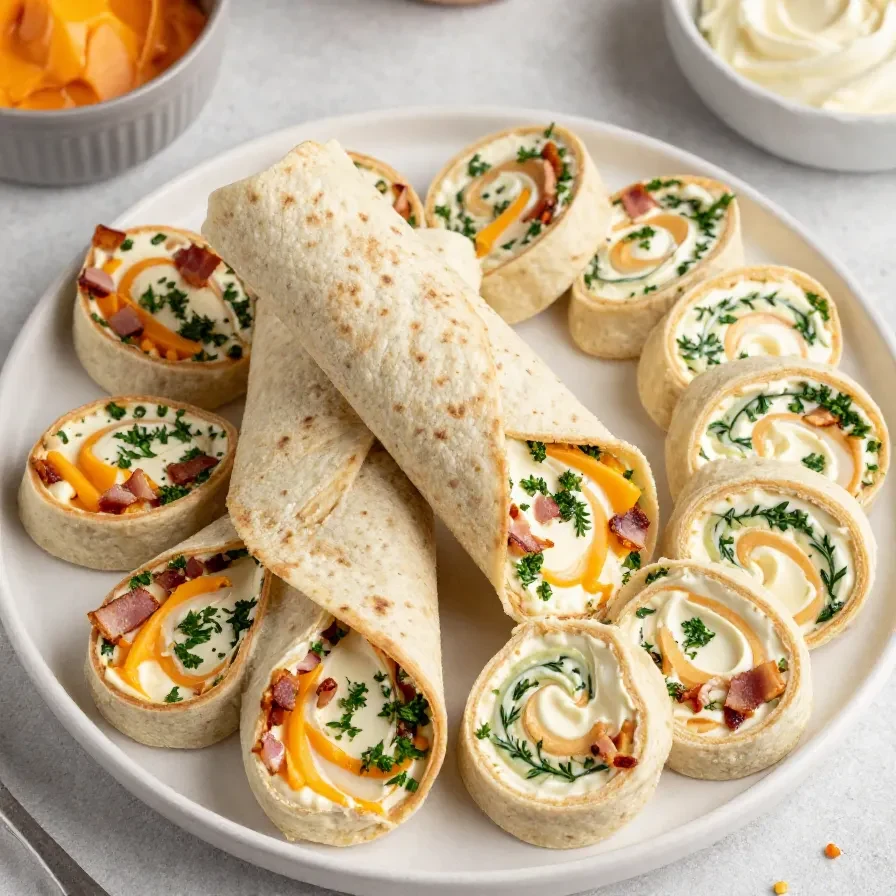 Bacon ranch pinwheels arranged on a serving platter with creamy filling and sliced tortillas.