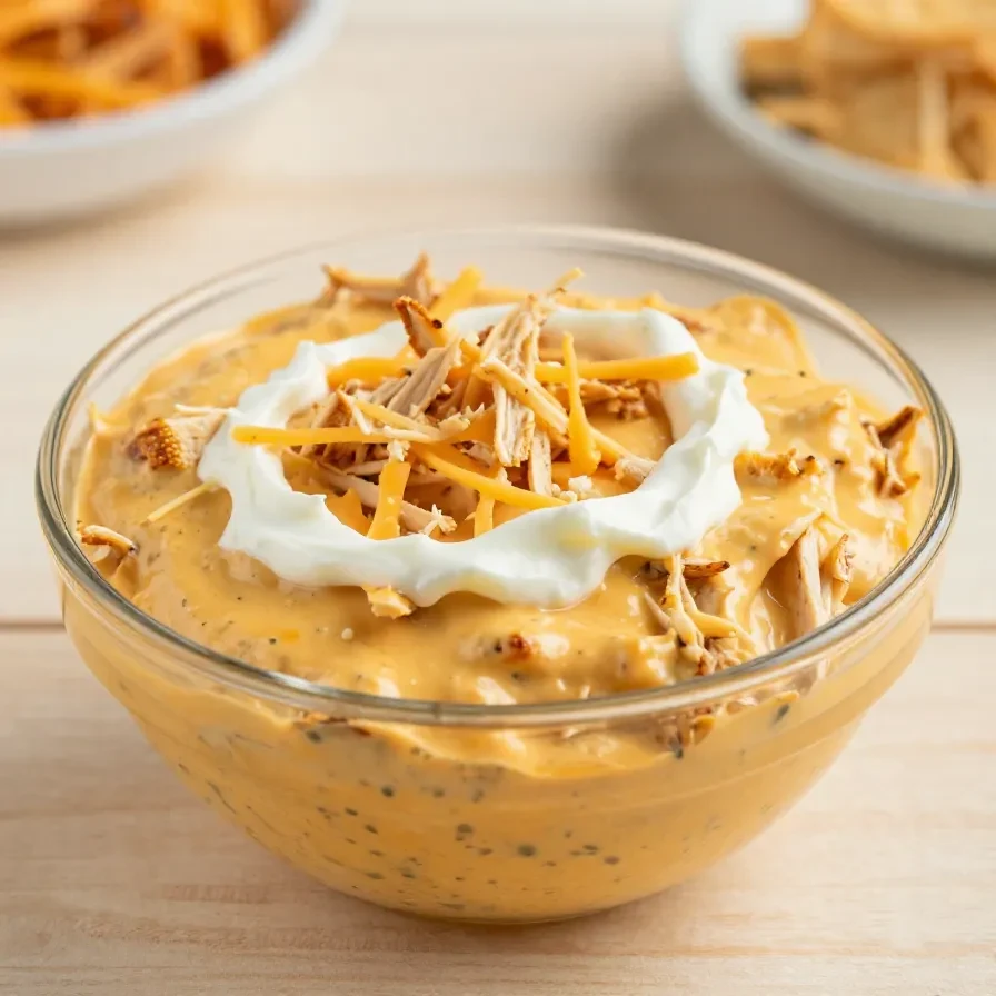 Creamy buffalo chicken dip served in a bowl with celery sticks and tortilla chips on the side