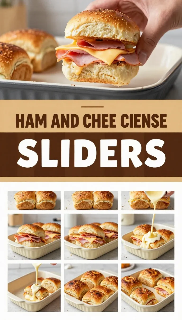 Warm ham and cheese sliders baked on a tray with melted cheese and soft golden rolls.