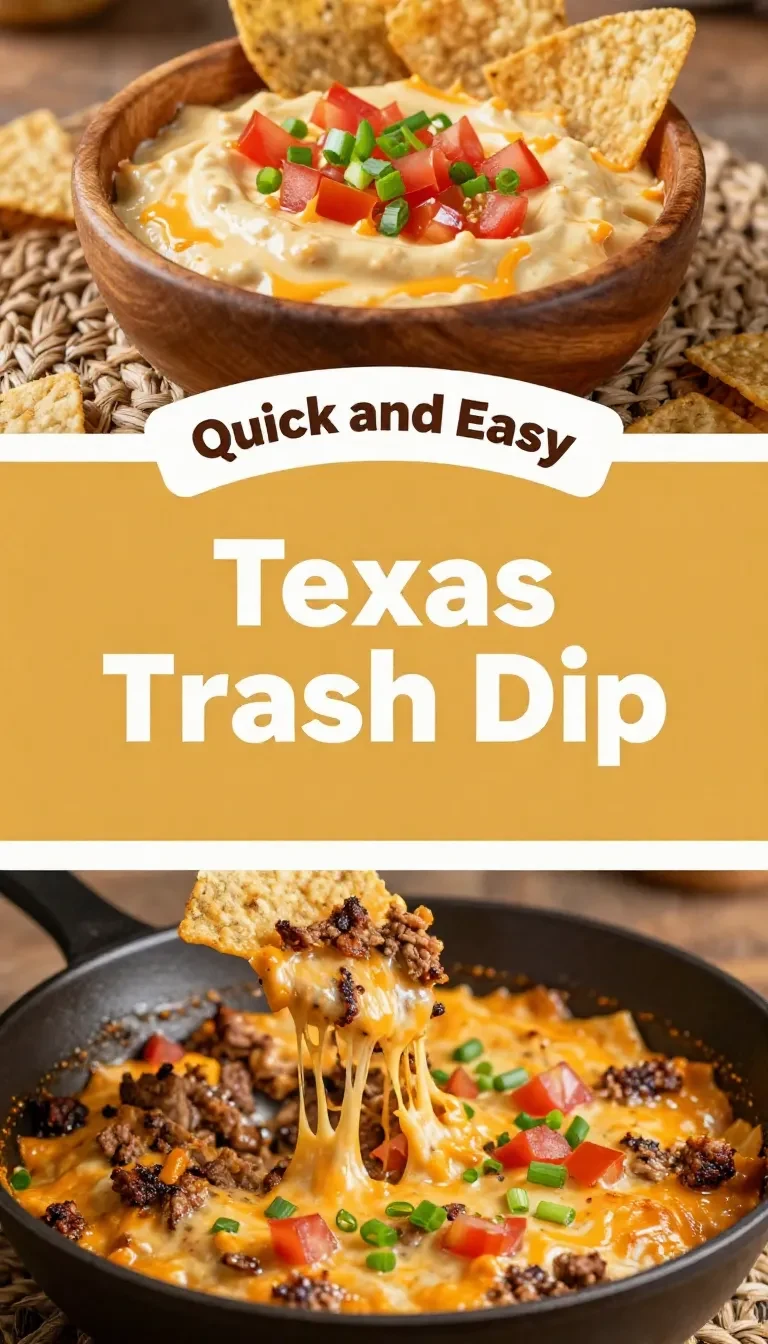 A baked Texas Trash Dip served in a skillet with melted cheese, beans, sour cream, and colorful toppings, surrounded by tortilla chips.