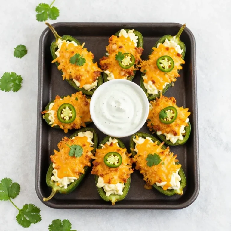 Crispy jalapeno poppers wrapped with bacon and filled with creamy cheese on a serving plate