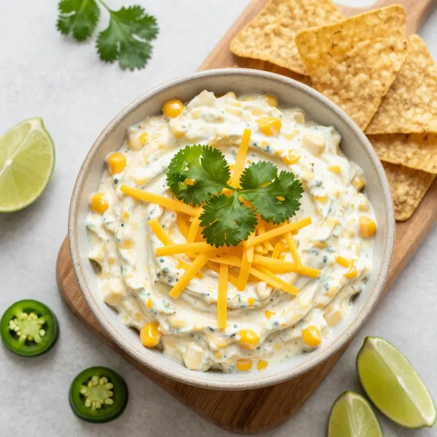 A bowl of creamy crack corn dip topped with shredded cheese, green onions, and bacon bits served with tortilla chips