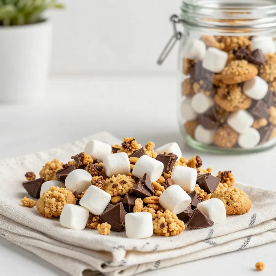 A bowl of S'mores trail mix with chocolate chips, mini marshmallows, graham cracker pieces, and nuts on a wooden table