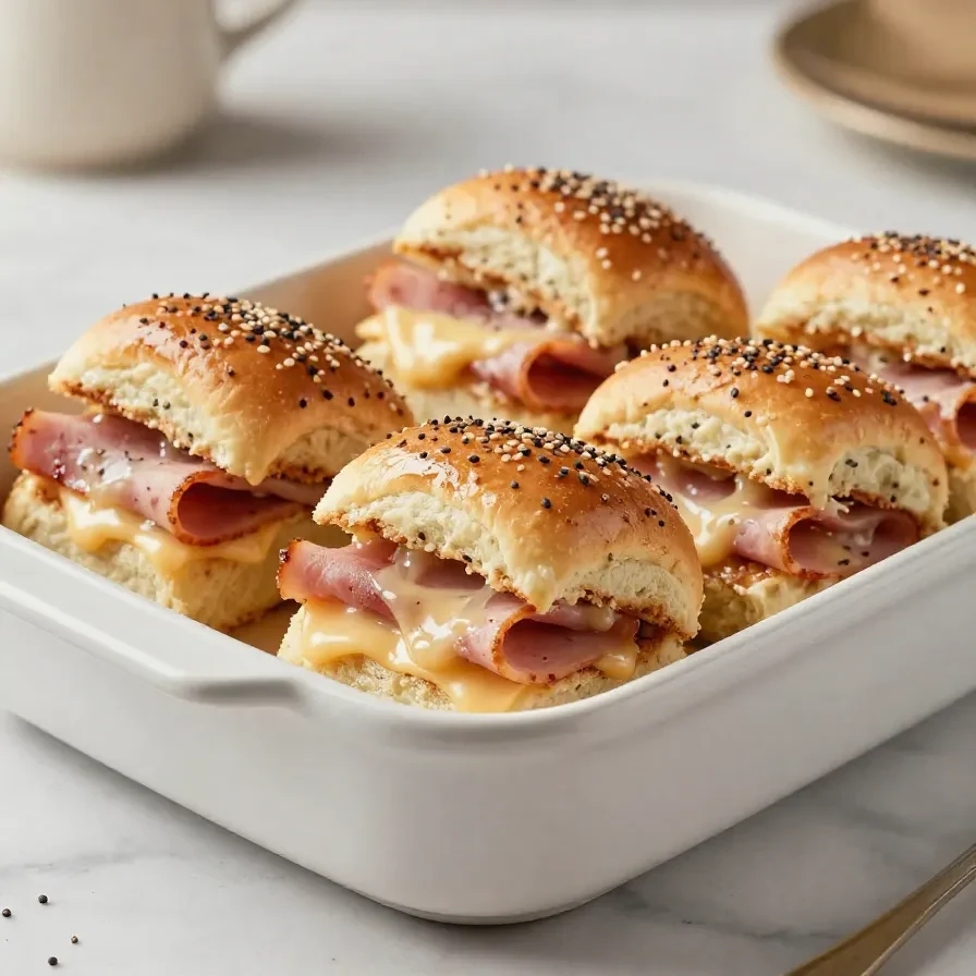 A tray of baked ham and cheese sliders with melted cheese and golden buttery tops.