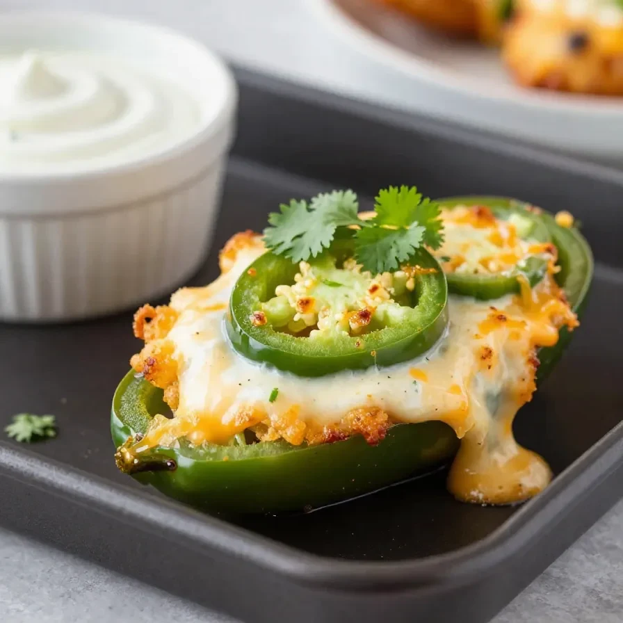 Crispy jalapeno poppers wrapped with bacon and filled with creamy cheese on a serving plate