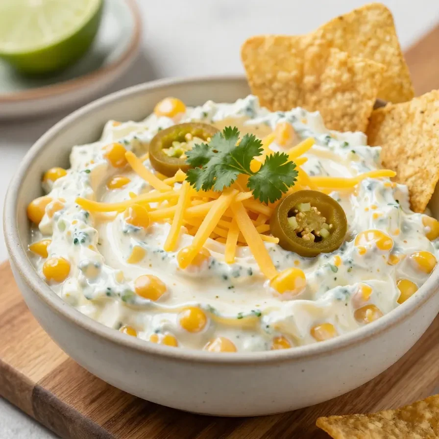 A bowl of creamy crack corn dip topped with shredded cheese, green onions, and bacon bits served with tortilla chips