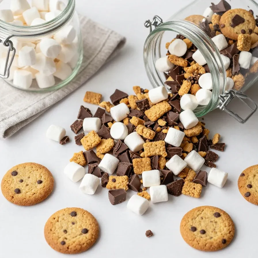 A bowl of S'mores trail mix with chocolate chips, mini marshmallows, graham cracker pieces, and nuts on a wooden table