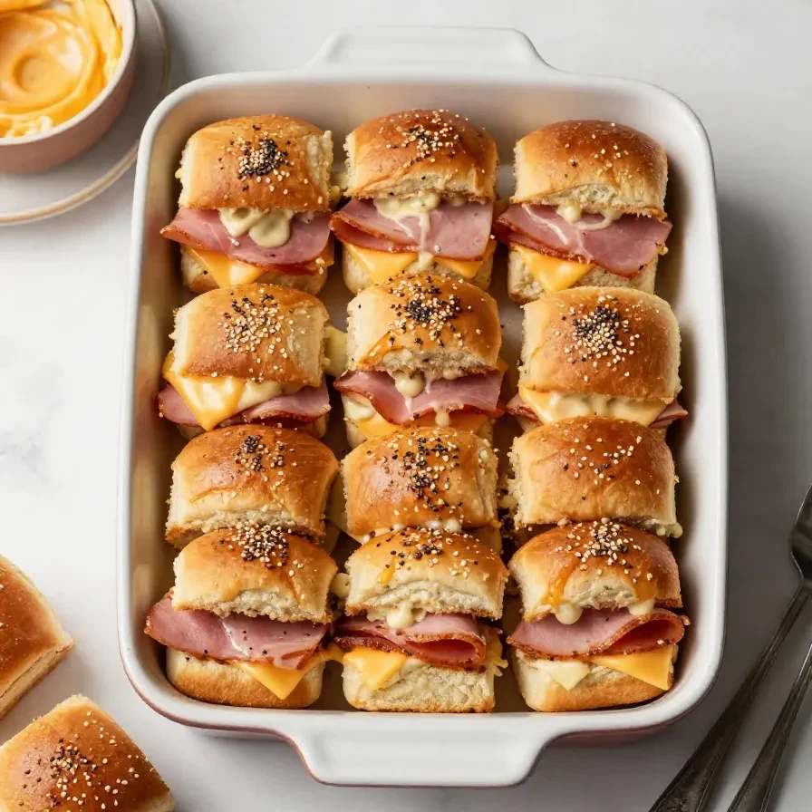 A tray of baked ham and cheese sliders with melted cheese and golden buttery tops.