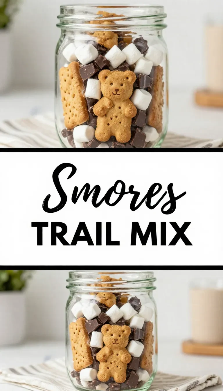 A bowl of S'mores trail mix with chocolate chips, mini marshmallows, graham cracker pieces, and nuts on a wooden table