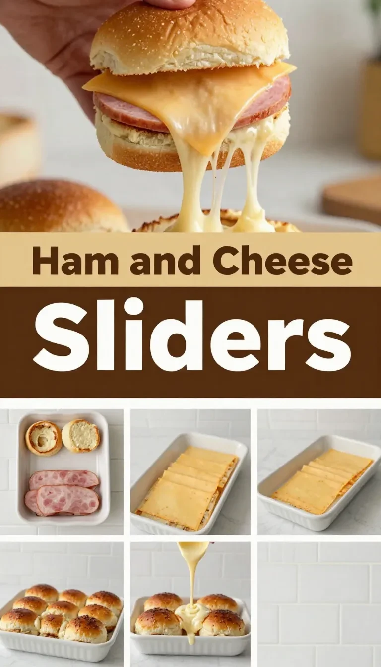 A tray of baked ham and cheese sliders with melted cheese and golden buttery tops.