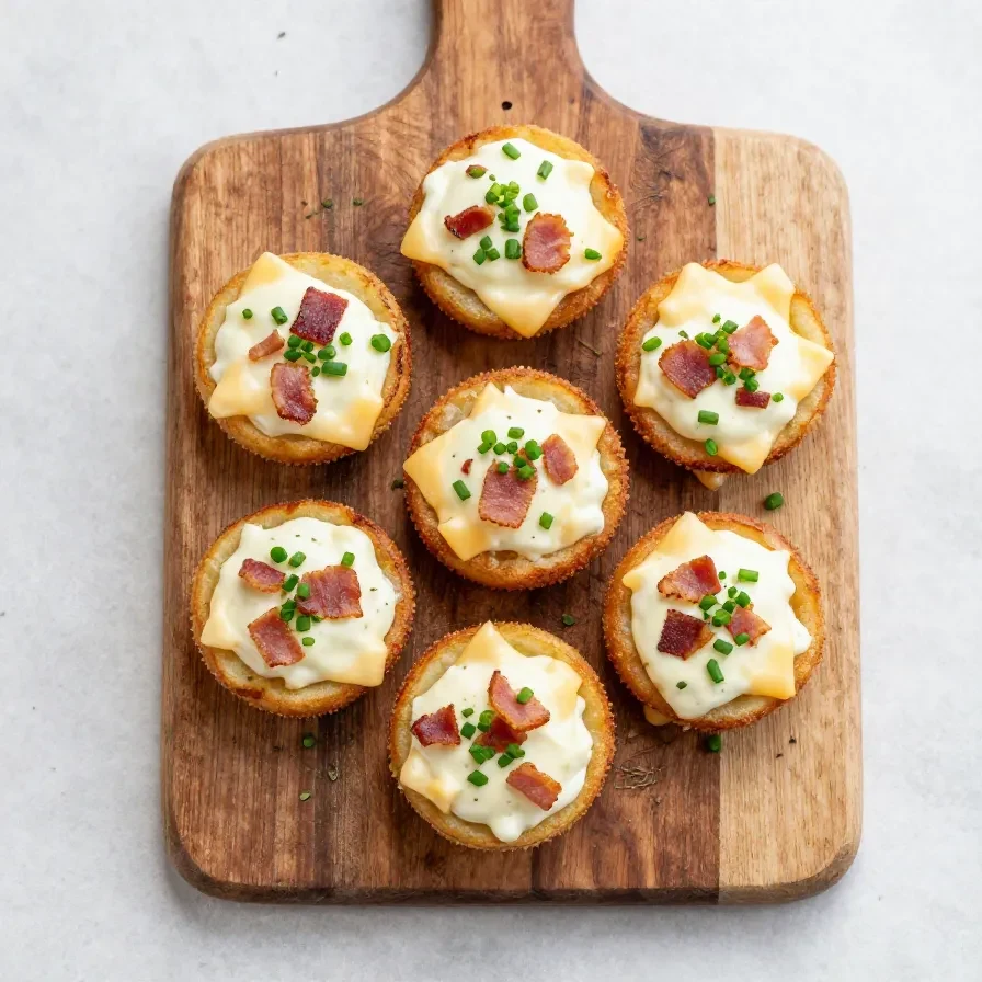 Baked loaded tater tot appetizer topped with melted cheese, crispy bacon, sour cream, and chopped green onions on a serving platter.