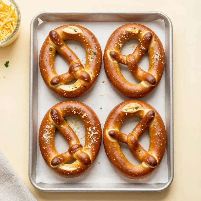 Freshly baked garlic Parmesan soft pretzels sprinkled with herbs and grated cheese on a wooden tray.