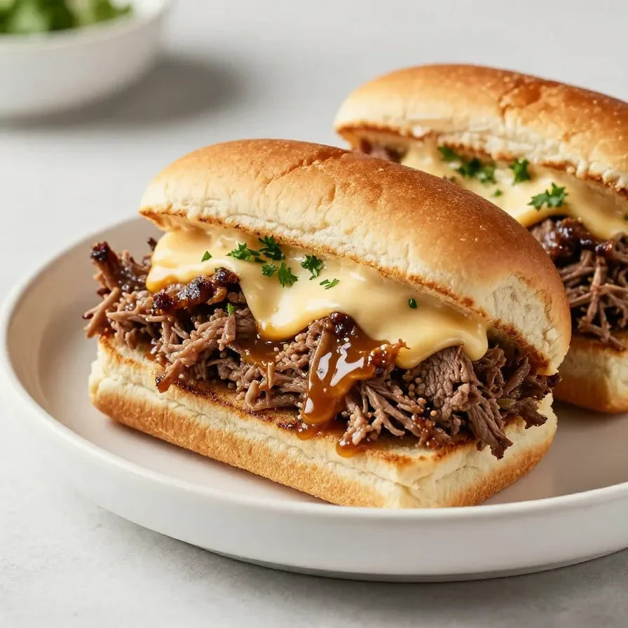 French dip sliders on a platter with melted cheese, sliced roast beef, and soft golden rolls served with a small bowl of au jus