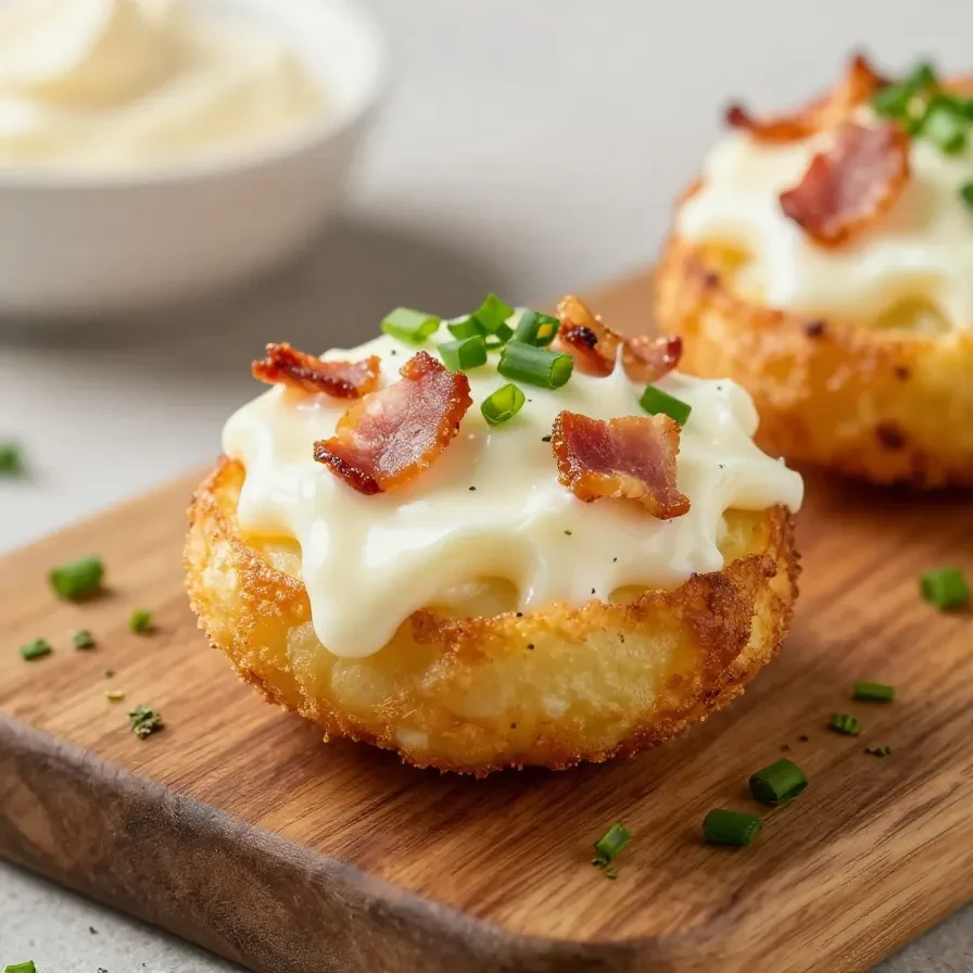 Baked loaded tater tot appetizer topped with melted cheese, crispy bacon, sour cream, and chopped green onions on a serving platter.
