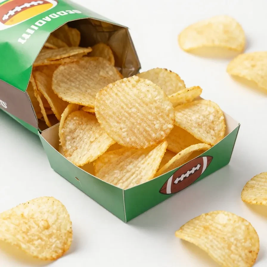 Three football snack bowls filled with chips, popcorn, and pretzels arranged on a game day table