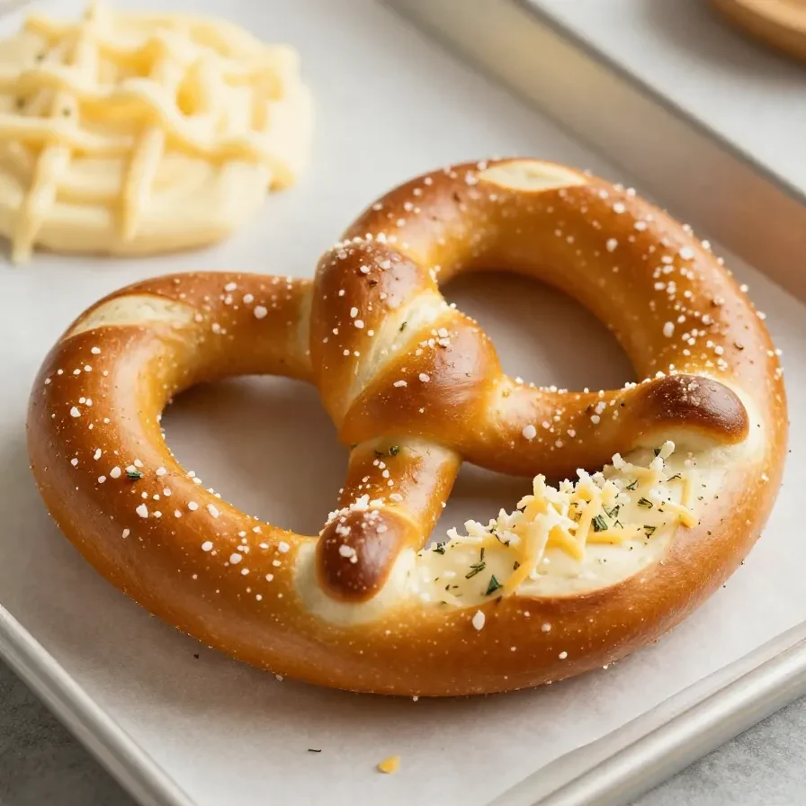 Freshly baked garlic Parmesan soft pretzels sprinkled with herbs and grated cheese on a wooden tray.