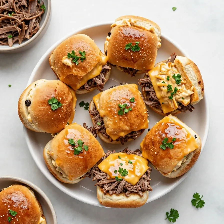 French dip sliders on a platter with melted cheese, sliced roast beef, and soft golden rolls served with a small bowl of au jus