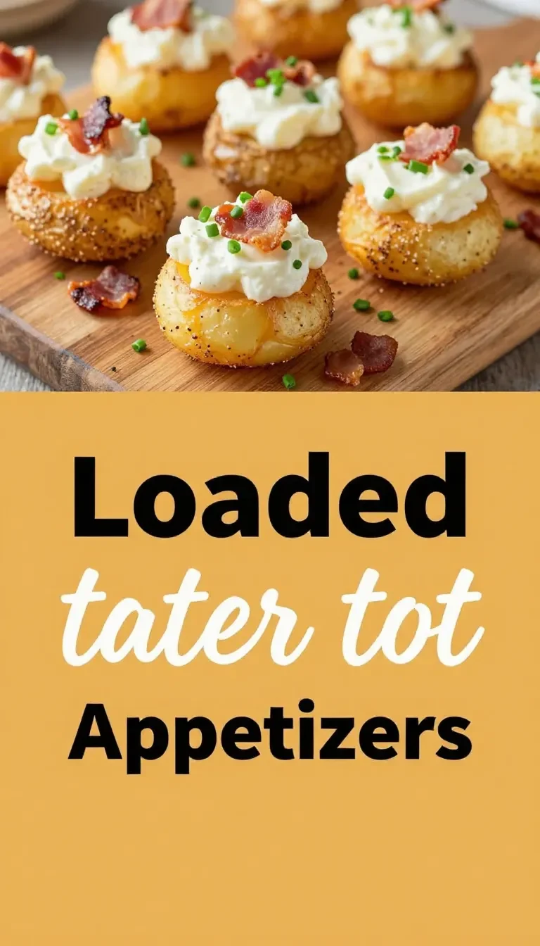 Baked loaded tater tot appetizer topped with melted cheese, crispy bacon, sour cream, and chopped green onions on a serving platter.