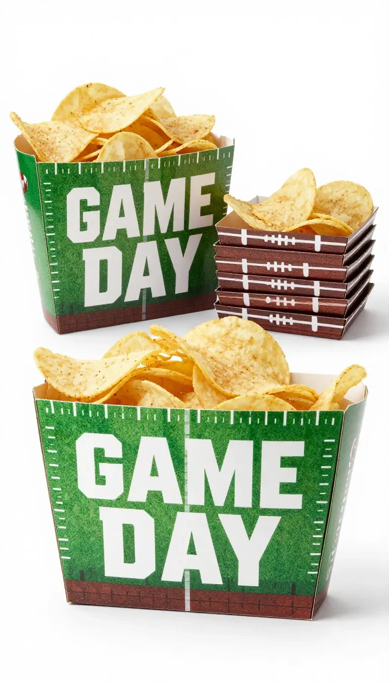 Three football snack bowls filled with chips, popcorn, and pretzels arranged on a game day table