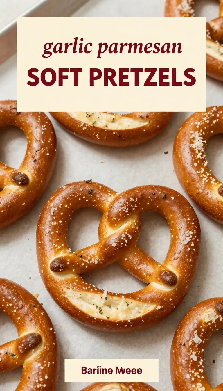 Freshly baked garlic Parmesan soft pretzels sprinkled with herbs and grated cheese on a wooden tray.