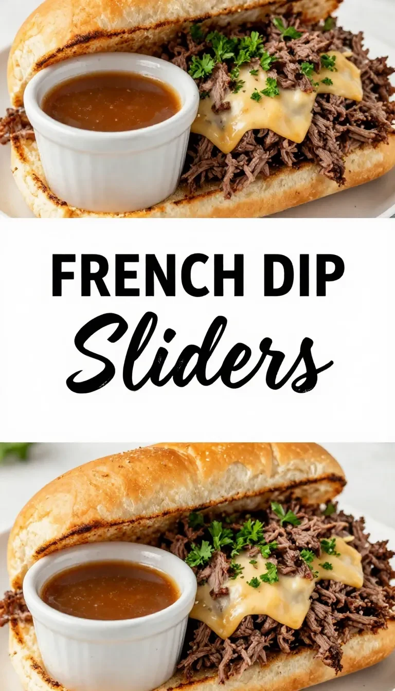 French dip sliders on a platter with melted cheese, sliced roast beef, and soft golden rolls served with a small bowl of au jus